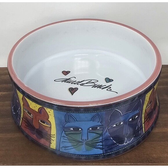 Vtg Laurel Burch Ceramic Cat Food Water Bowl Colorful Whimsical Cat Design 5-1/4 - Picture 1 of 13